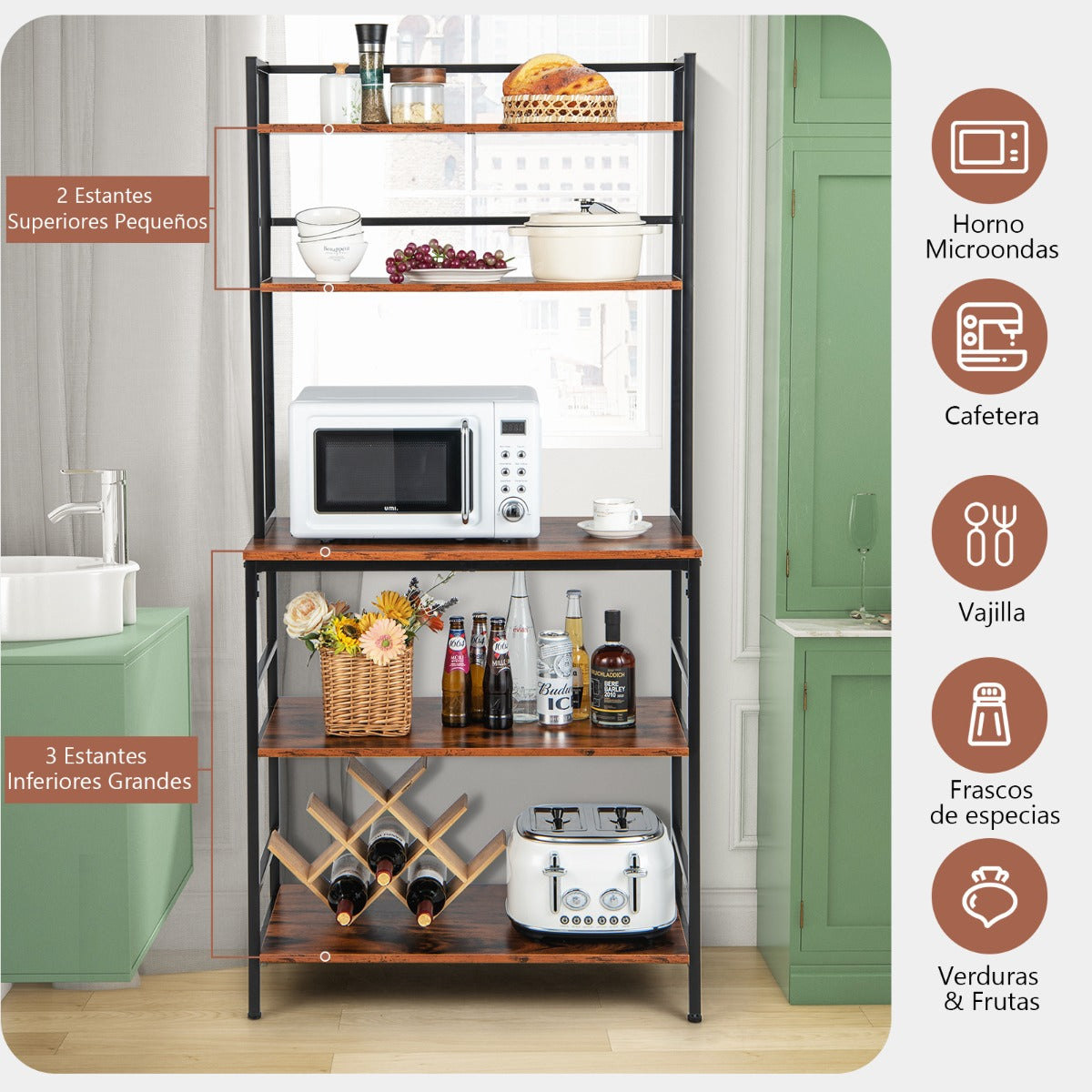 Estantería de Cocina Soporte Microondas de 5 Niveles Estantes Abiertos Mueble Auxiliar para Sala Baño y Balcón 80 x 40 x 170 cm Marrón