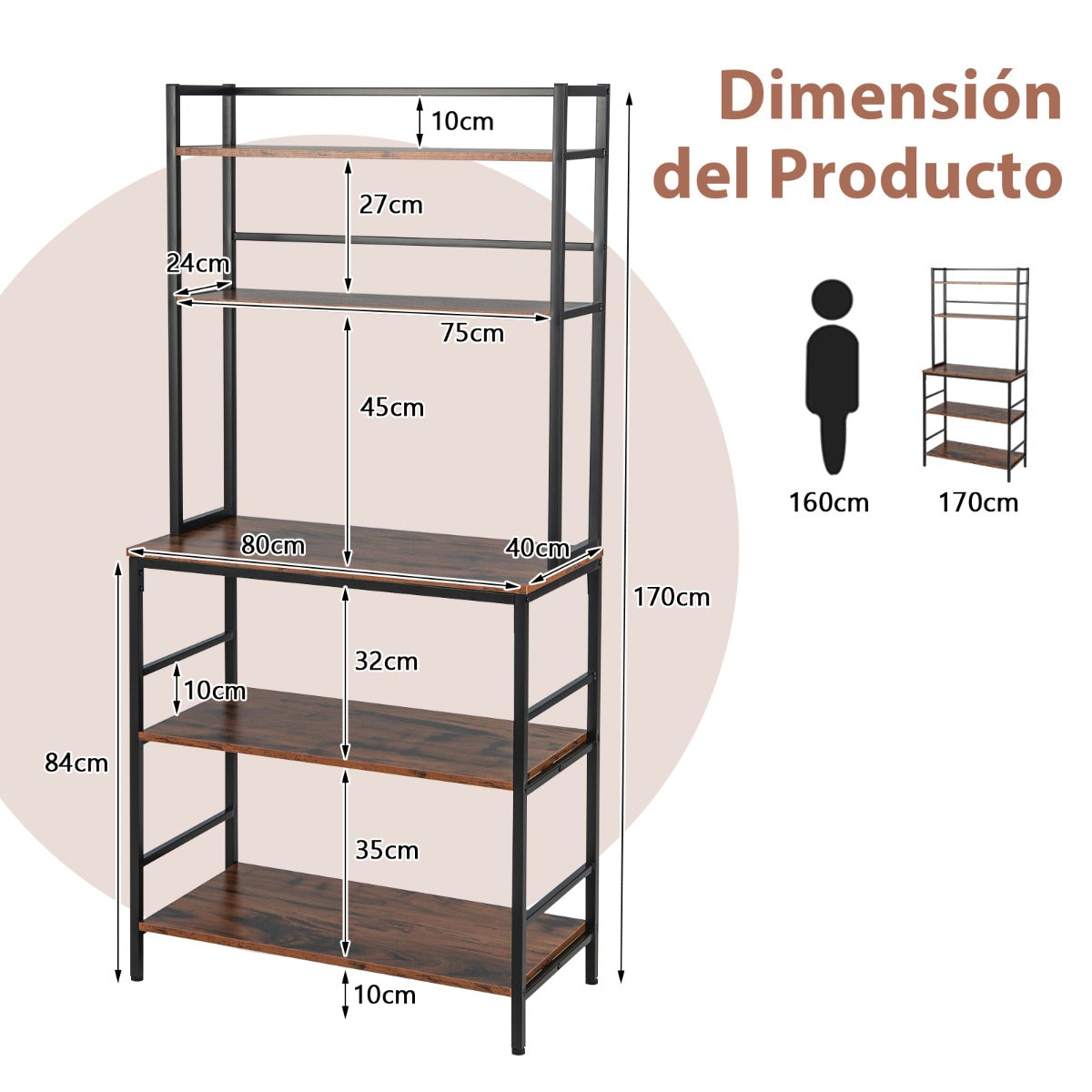 Estantería de Cocina Soporte Microondas de 5 Niveles Estantes Abiertos Mueble Auxiliar para Sala Baño y Balcón 80 x 40 x 170 cm Marrón