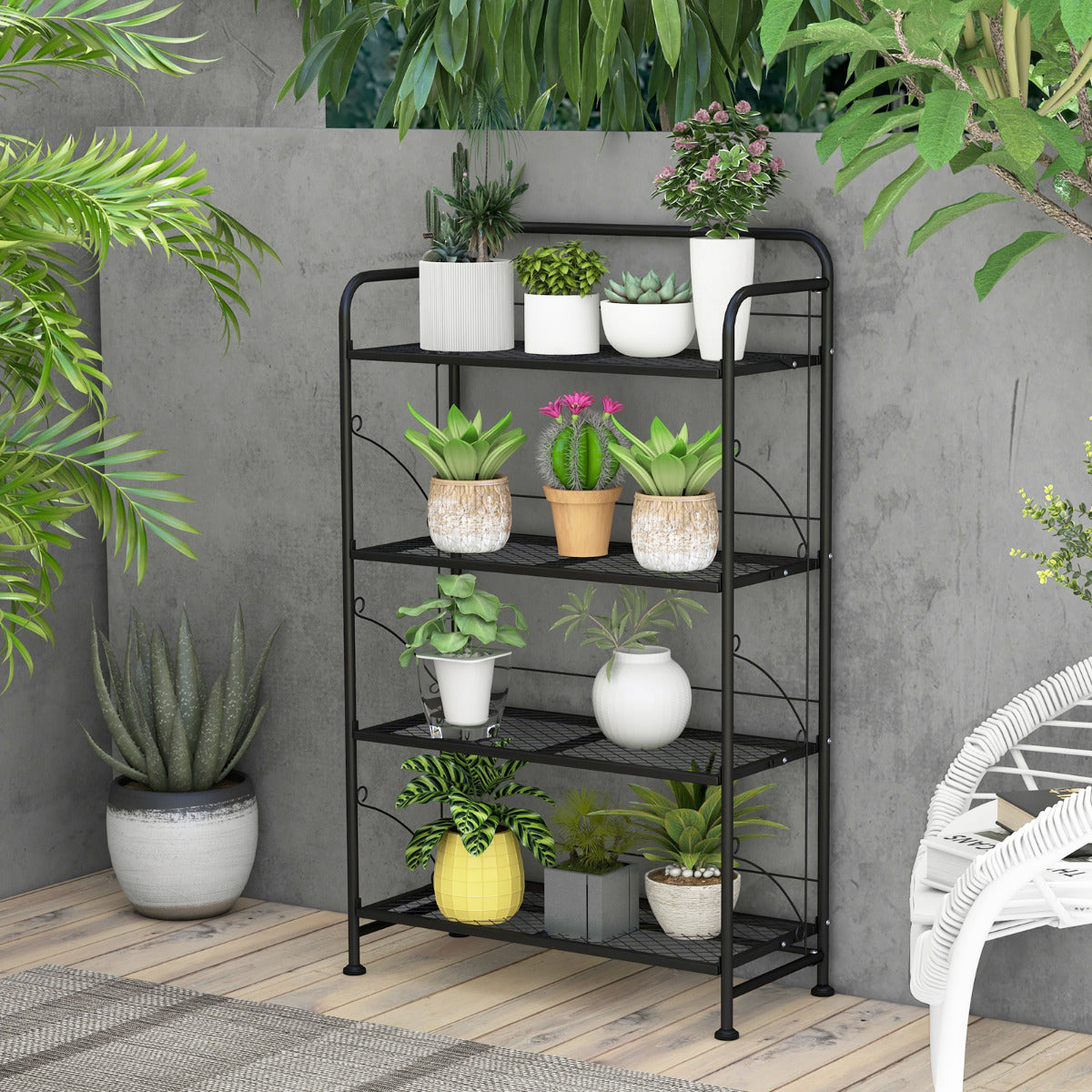 Estantería Plegable para Plantas de Metal de 4 Niveles Ajustable Soporte para Exhibición Interior Jardín Balcón 60 x 25 x 100 cm Negro