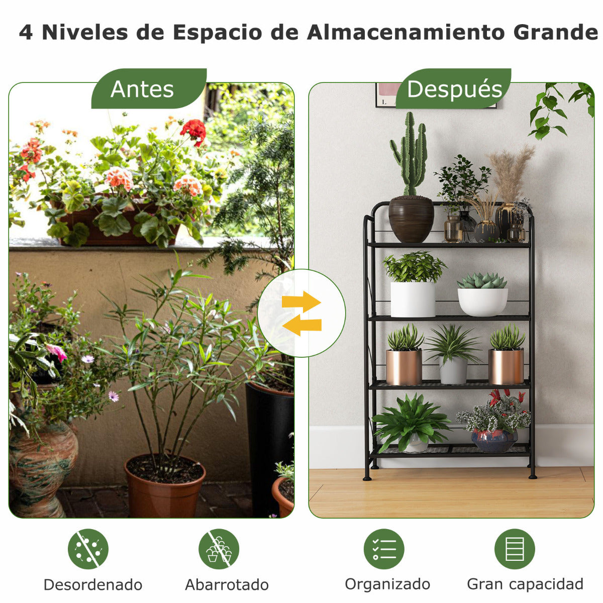 Estantería Plegable para Plantas de Metal de 4 Niveles Ajustable Soporte para Exhibición Interior Jardín Balcón 60 x 25 x 100 cm Negro