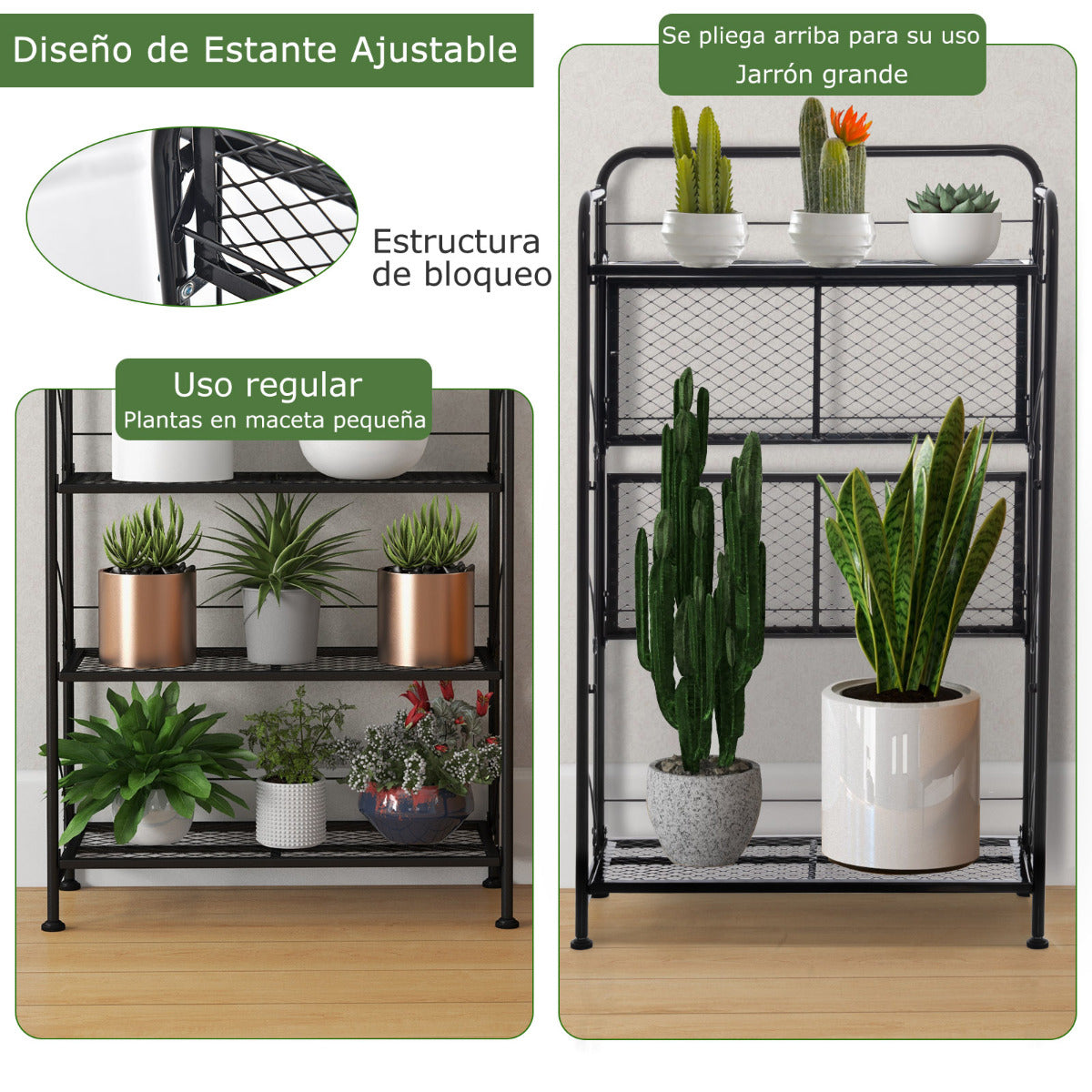 Estantería Plegable para Plantas de Metal de 4 Niveles Ajustable Soporte para Exhibición Interior Jardín Balcón 60 x 25 x 100 cm Negro