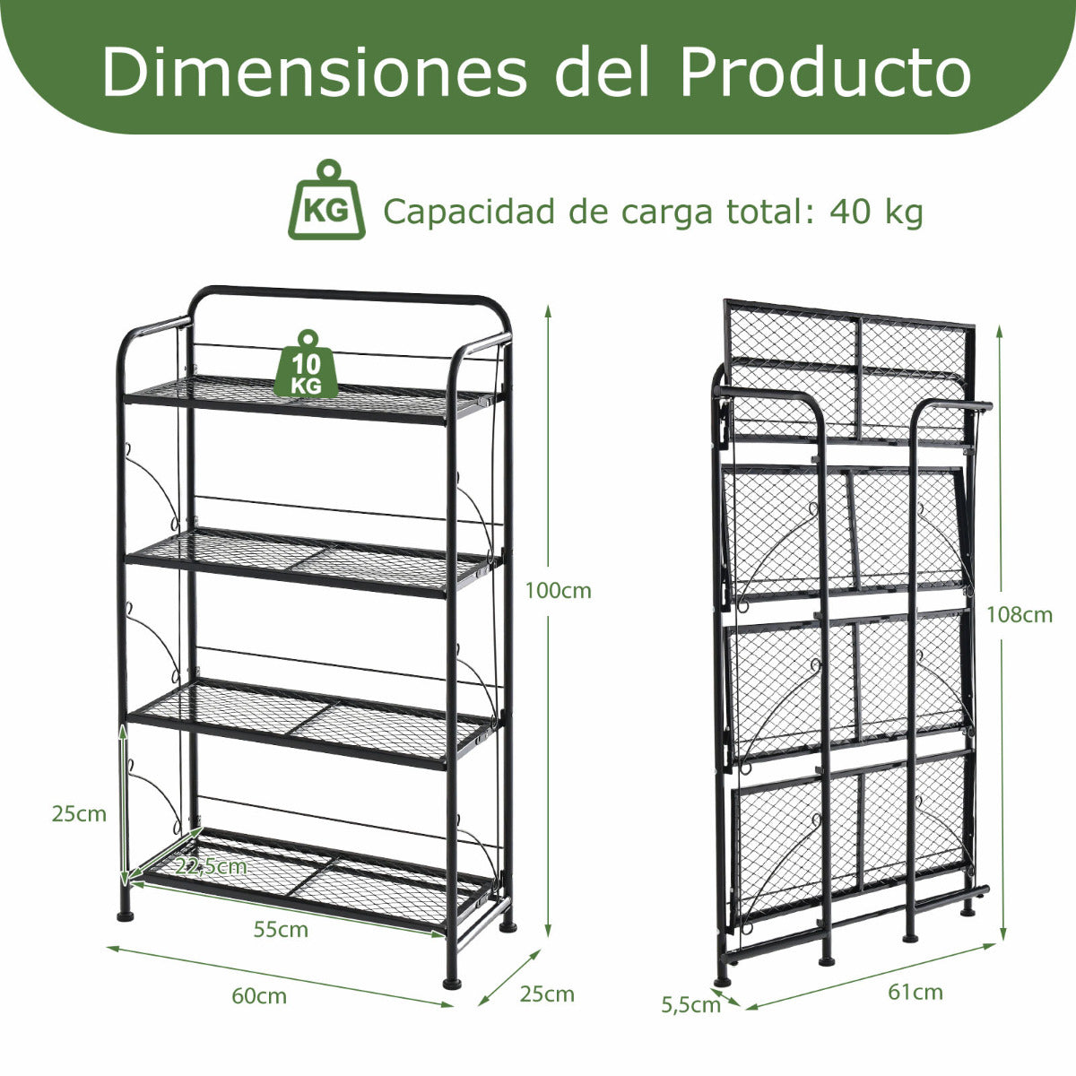 Estantería Plegable para Plantas de Metal de 4 Niveles Ajustable Soporte para Exhibición Interior Jardín Balcón 60 x 25 x 100 cm Negro