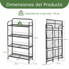 Estantería Plegable para Plantas de Metal de 4 Niveles Ajustable Soporte para Exhibición Interior Jardín Balcón 60 x 25 x 100 cm Negro