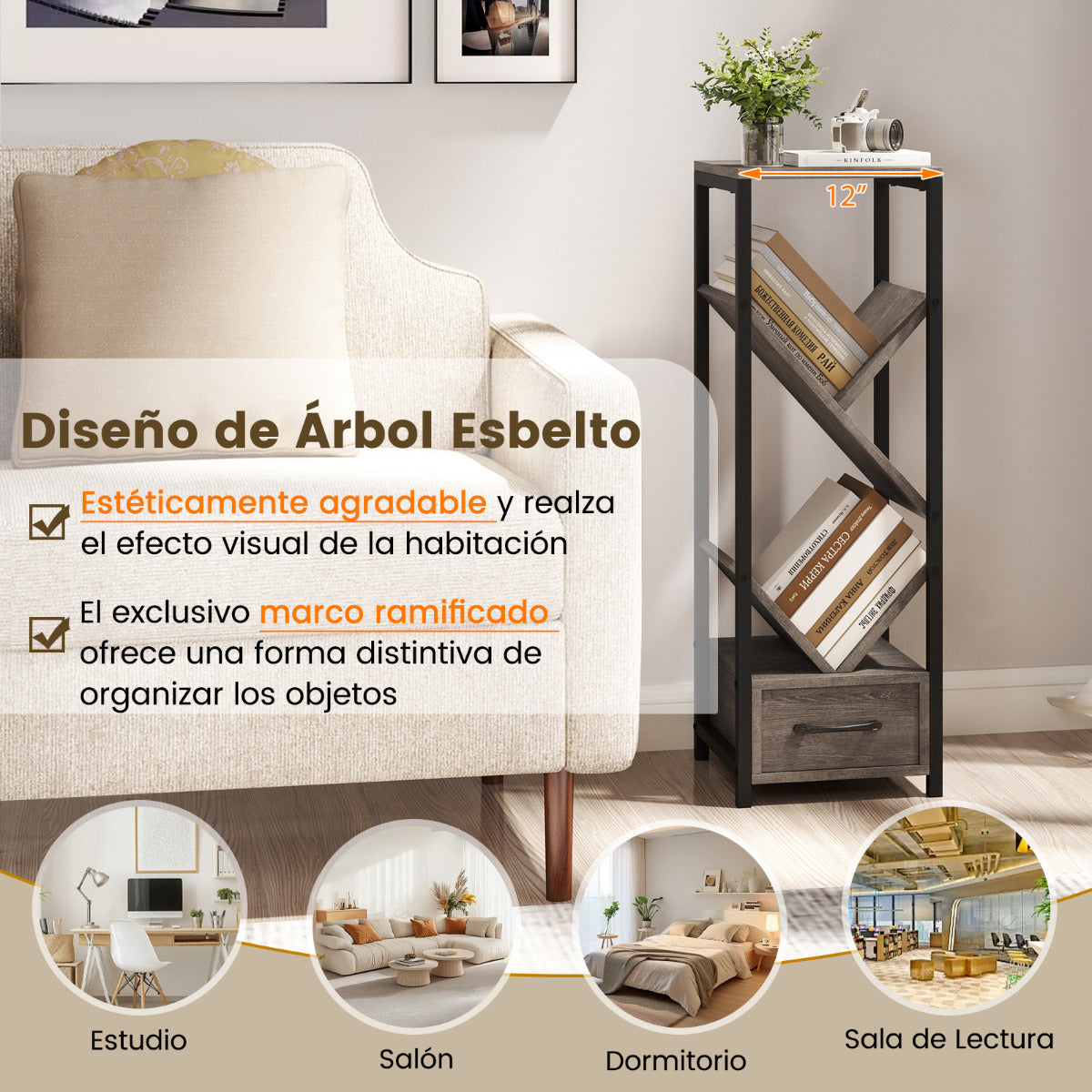 Estantería en Forma de Árbol Organizador de Almacenaje de 4 Estantes de Pie con Cajón Librero Alto y Estrecho para Salón y Estudio Gris