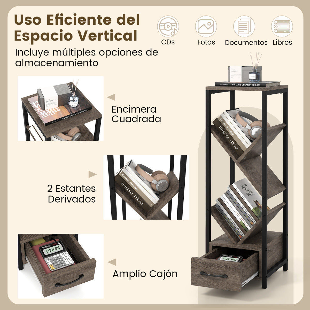 Estantería en Forma de Árbol Organizador de Almacenaje de 4 Estantes de Pie con Cajón Librero Alto y Estrecho para Salón y Estudio Gris