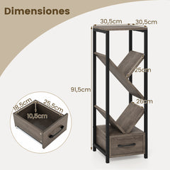 Estantería en Forma de Árbol Organizador de Almacenaje de 4 Estantes de Pie con Cajón Librero Alto y Estrecho para Salón y Estudio Gris