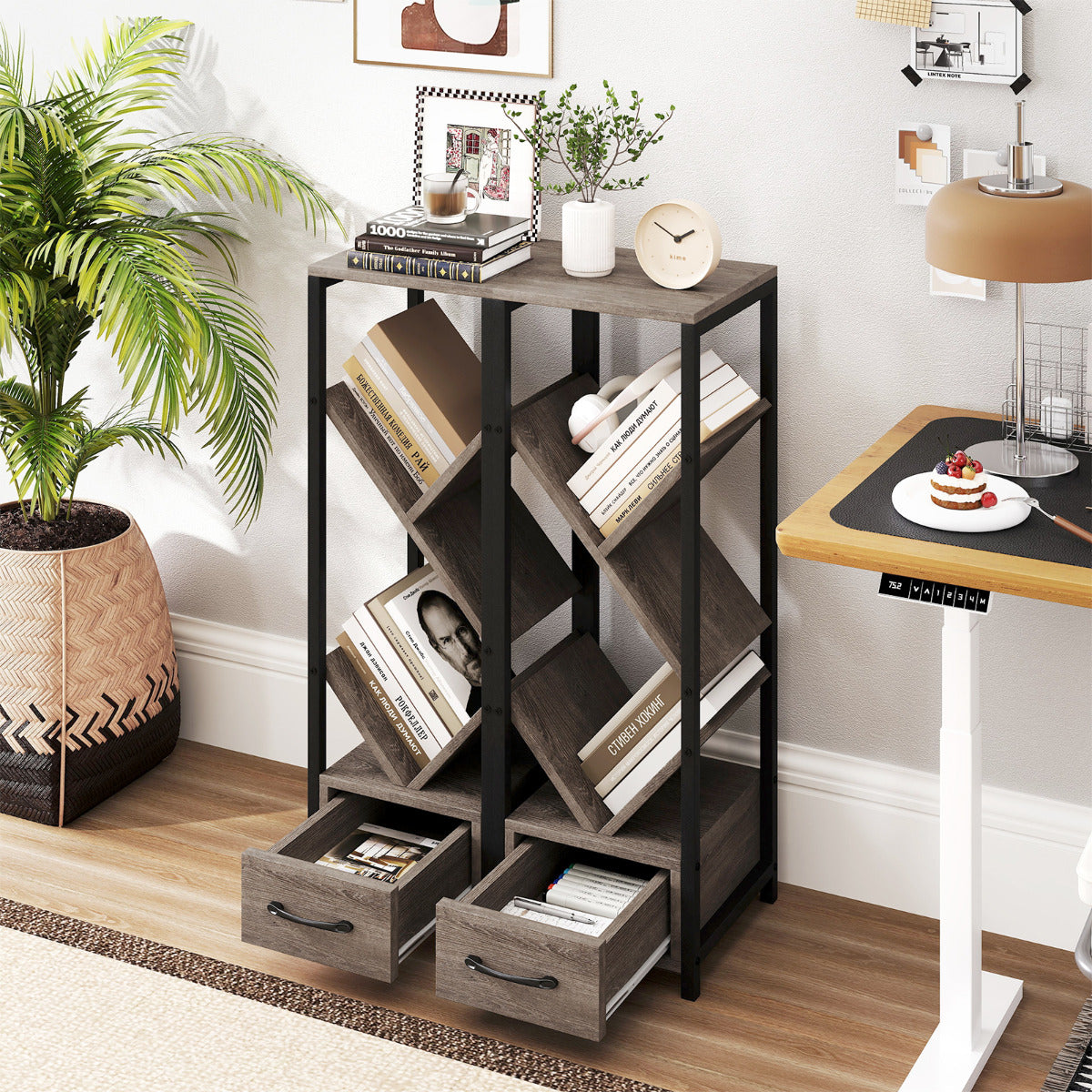 Estantería en Forma de Árbol Organizador de Almacenaje de 4 Estantes de Pie con Cajón Librero Alto y Estrecho para Salón y Estudio Gris