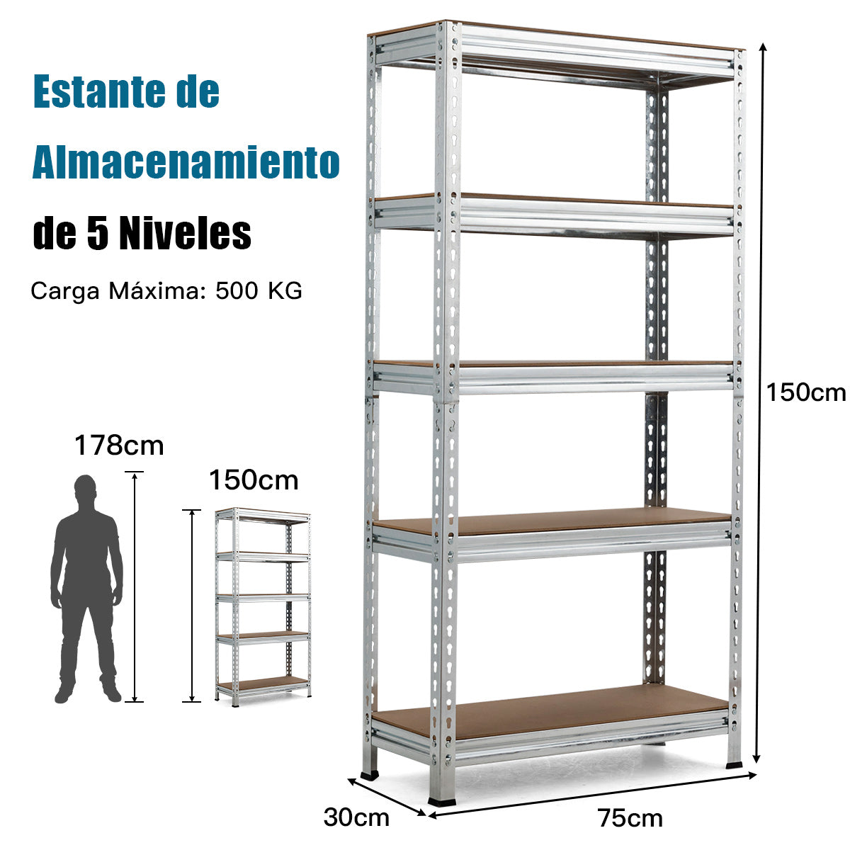 Estantes de Metal de 5 Niveles Estantería Industrial Resistente con Estantes Ajustables para Combinación Libre 75 x 30 x 150 cm Plata