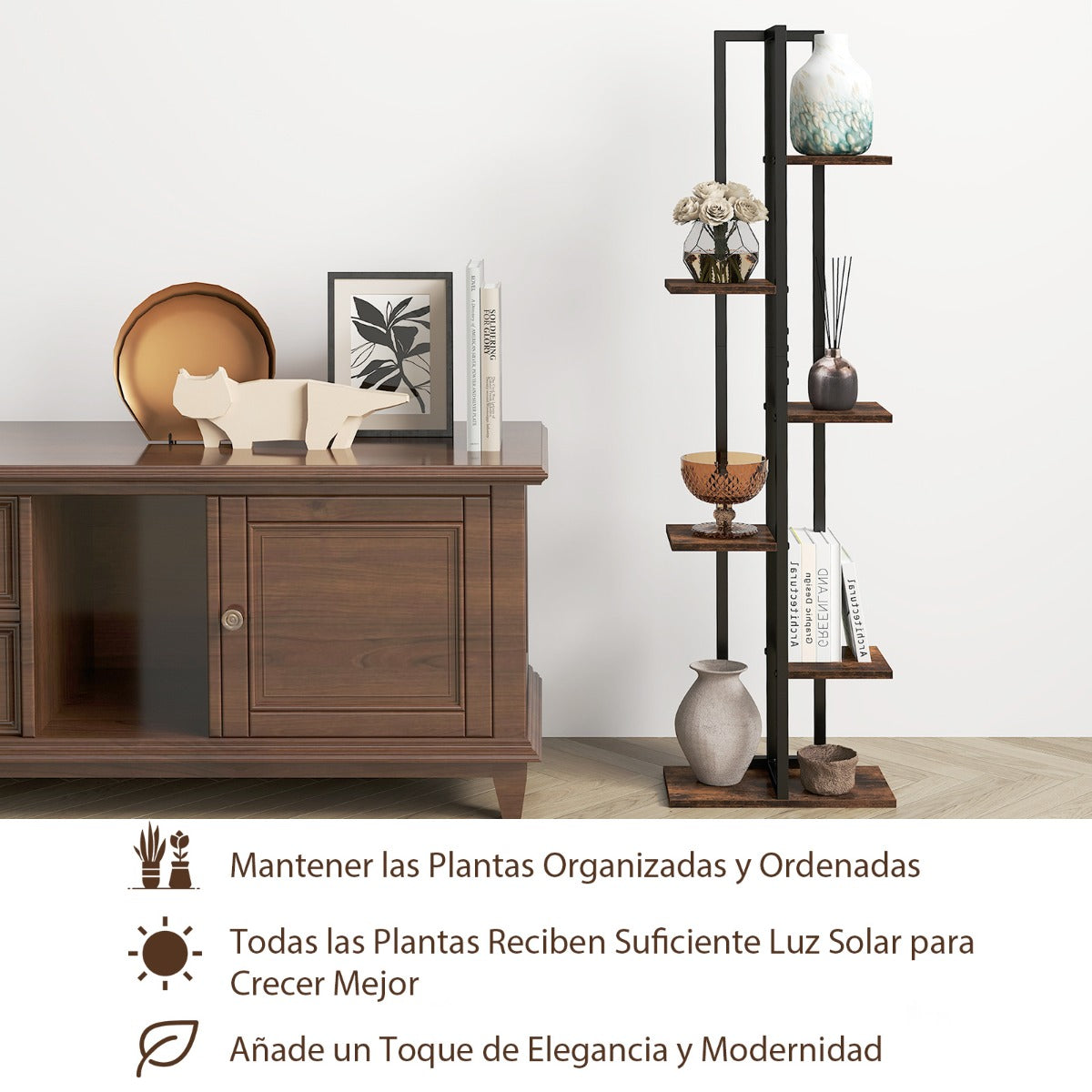 Juego de 3 Estantes para Plantas 4+5+6 Niveles Altos de Madera y Metal Soporte para Macetas Negro y Marrón