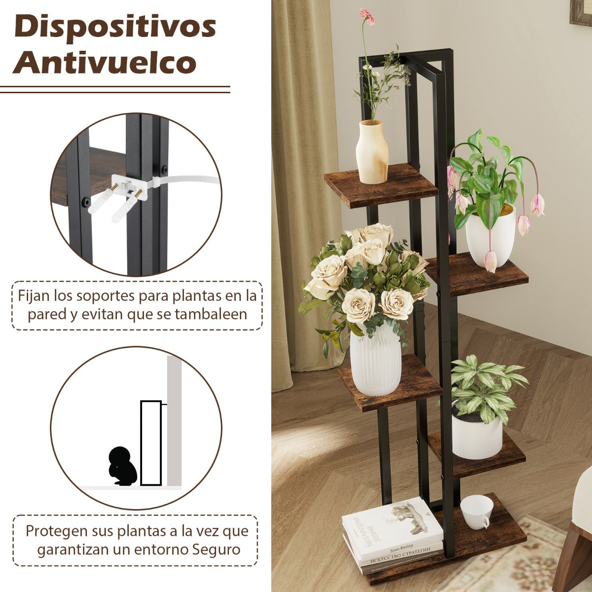 Juego de 3 Estantes para Plantas 4+5+6 Niveles Altos de Madera y Metal Soporte para Macetas Negro y Marrón