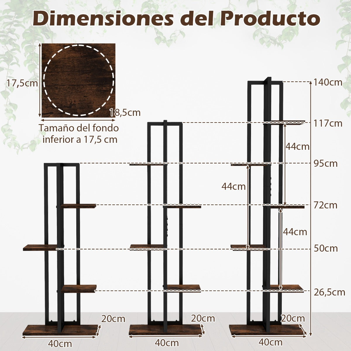 Juego de 3 Estantes para Plantas 4+5+6 Niveles Altos de Madera y Metal Soporte para Macetas Negro y Marrón