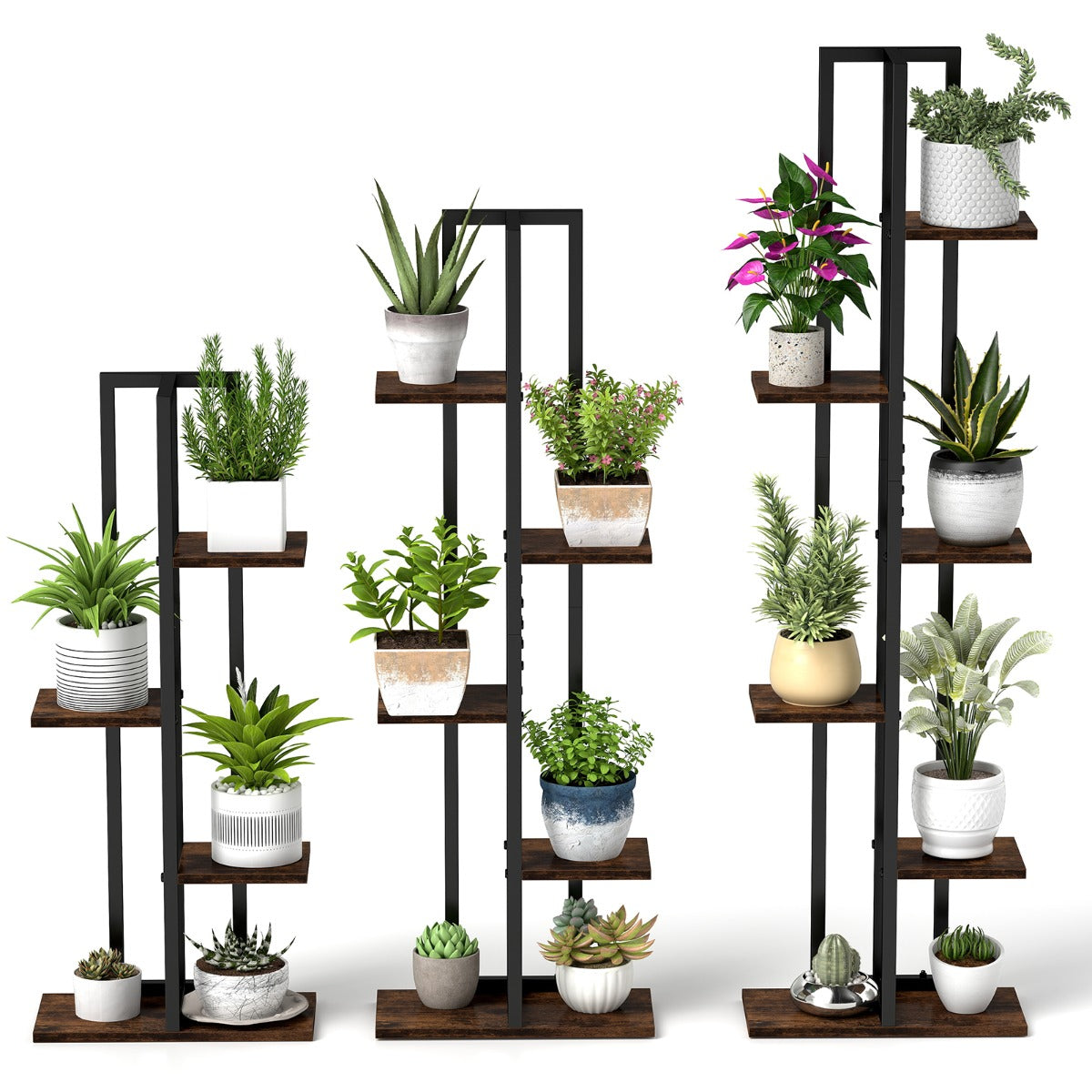 Juego de 3 Estantes para Plantas 4+5+6 Niveles Altos de Madera y Metal Soporte para Macetas Negro y Marrón