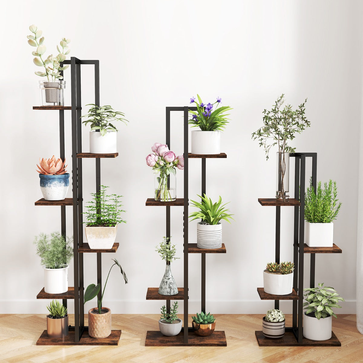 Juego de 3 Estantes para Plantas 4+5+6 Niveles Altos de Madera y Metal Soporte para Macetas Negro y Marrón