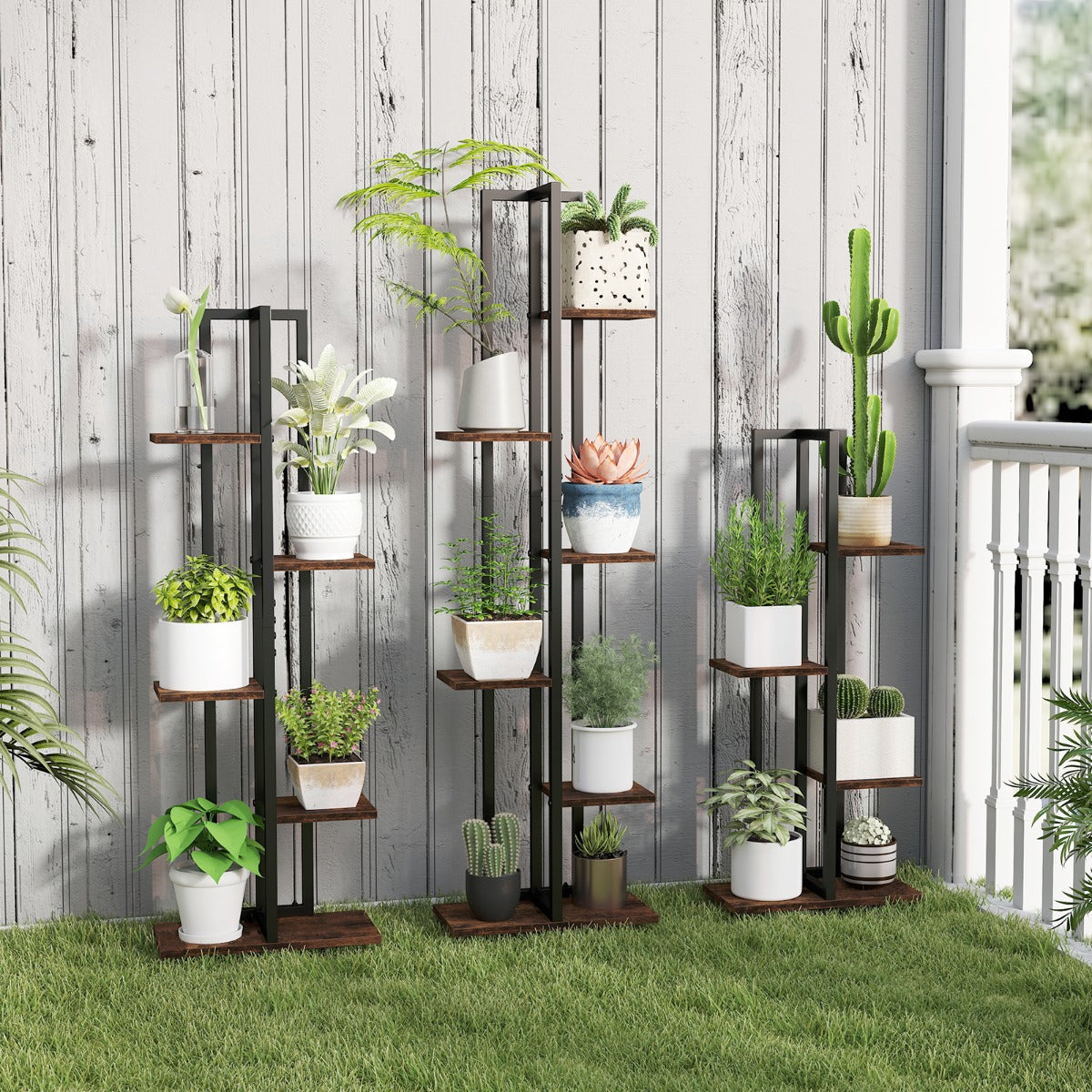 Juego de 3 Estantes para Plantas 4+5+6 Niveles Altos de Madera y Metal Soporte para Macetas Negro y Marrón