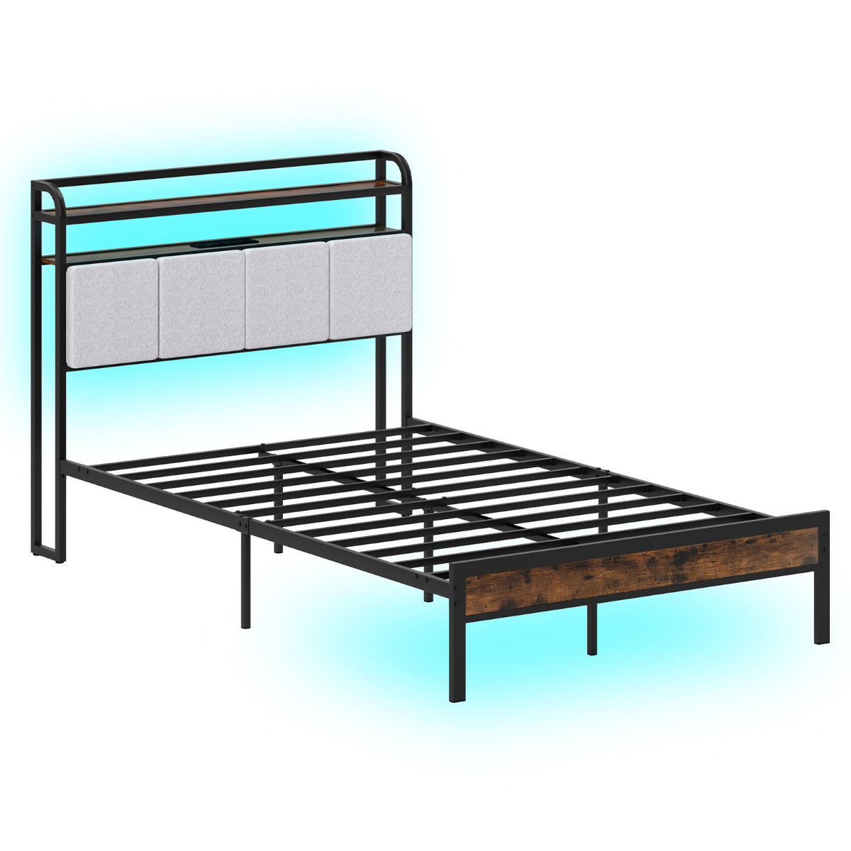 Estructura de Cama de Tamaño King con Luz LED y Estación de Carga Plataforma de Cama de Metal con Cabecero y Almacenaje Soporte de Listones