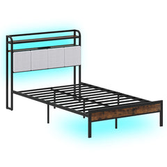 Estructura de Cama de Tamaño King con Luz LED y Estación de Carga Plataforma de Cama de Metal con Cabecero y Almacenaje Soporte de Listones