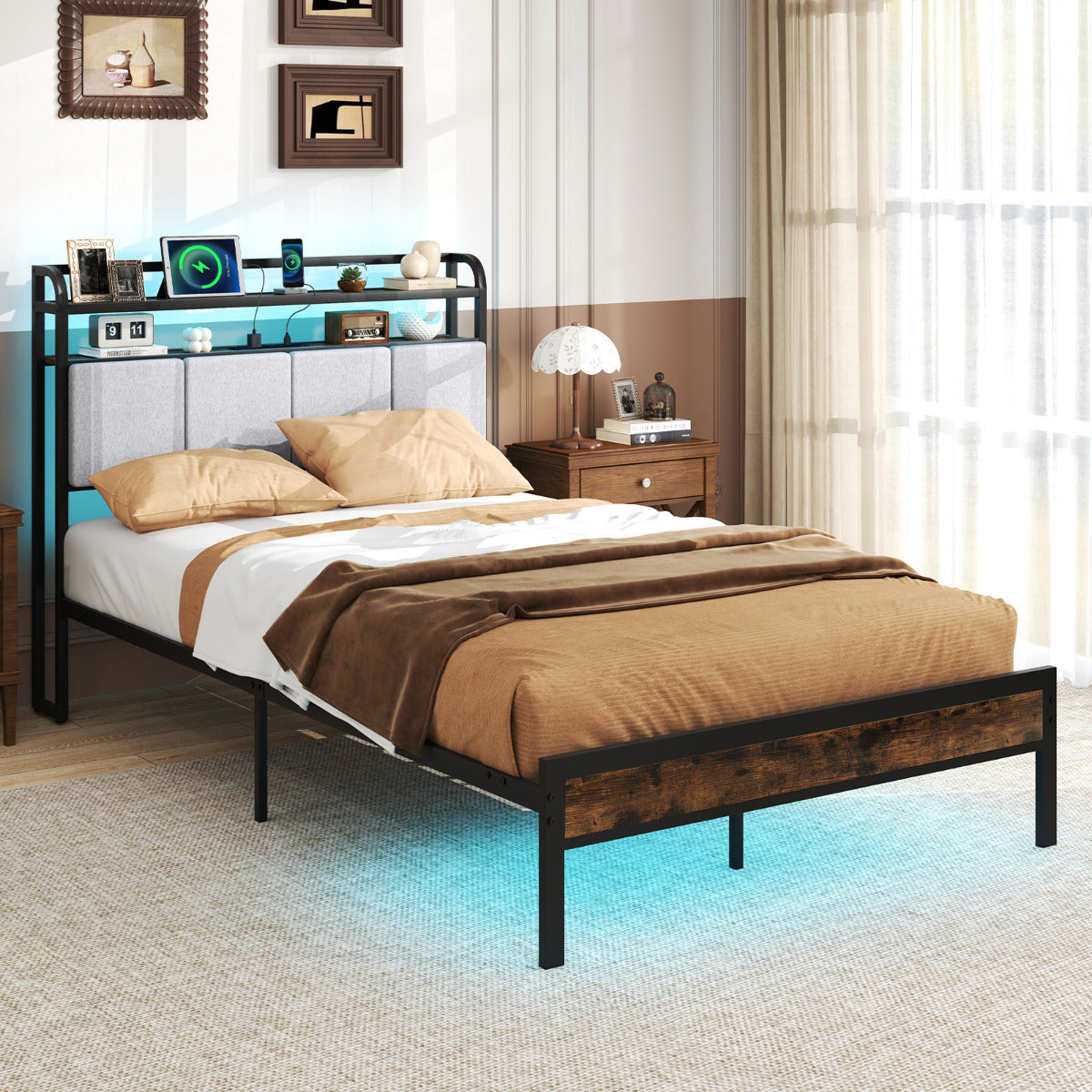 Estructura de Cama de Tamaño King con Luz LED y Estación de Carga Plataforma de Cama de Metal con Cabecero y Almacenaje Soporte de Listones