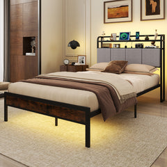 Estructura de Cama de Tamaño King con Luz LED y Estación de Carga Plataforma de Cama de Metal con Cabecero y Almacenaje Soporte de Listones