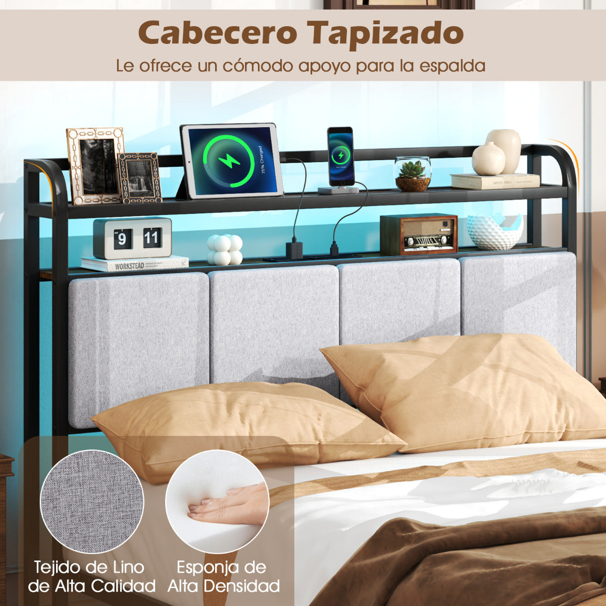 Estructura de Cama de Tamaño King con Luz LED y Estación de Carga Plataforma de Cama de Metal con Cabecero y Almacenaje Soporte de Listones