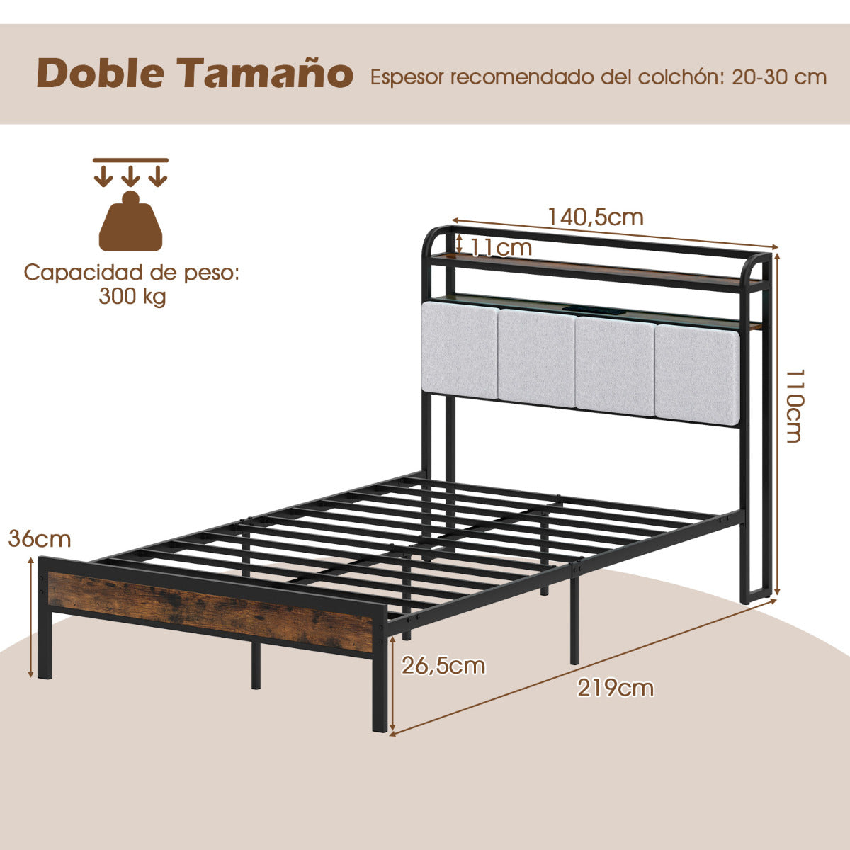 Estructura de Cama de Tamaño King con Luz LED y Estación de Carga Plataforma de Cama de Metal con Cabecero y Almacenaje Soporte de Listones