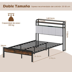 Estructura de Cama de Tamaño King con Luz LED y Estación de Carga Plataforma de Cama de Metal con Cabecero y Almacenaje Soporte de Listones