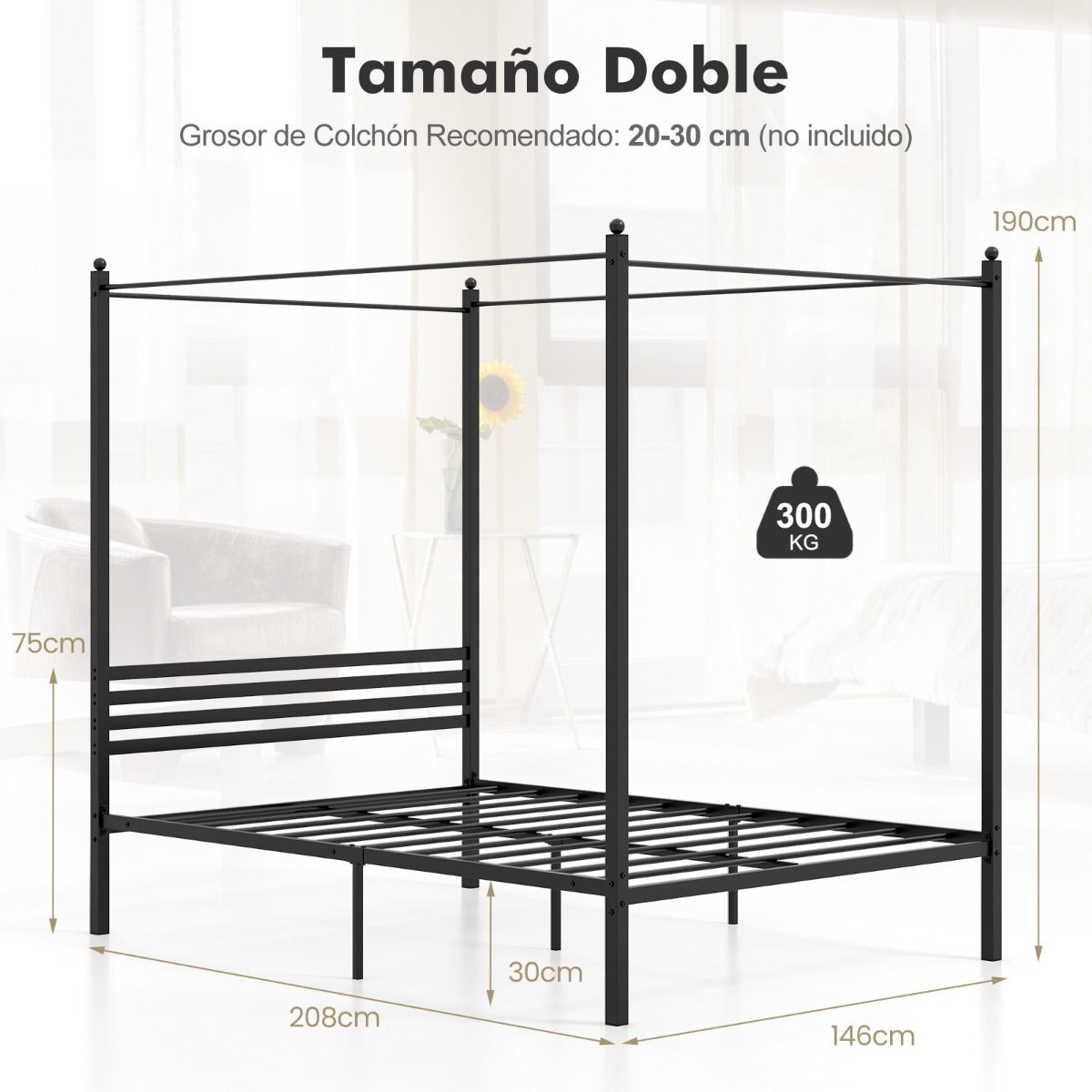 Estructura de Cama Doble Cama de Plataforma con 4 Columnas Cabecero Espacio de Almacenamiento Soporte Fuerte de Listones 200 x 140 cm Negro
