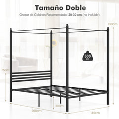 Estructura de Cama Doble Cama de Plataforma con 4 Columnas Cabecero Espacio de Almacenamiento Soporte Fuerte de Listones 200 x 140 cm Negro