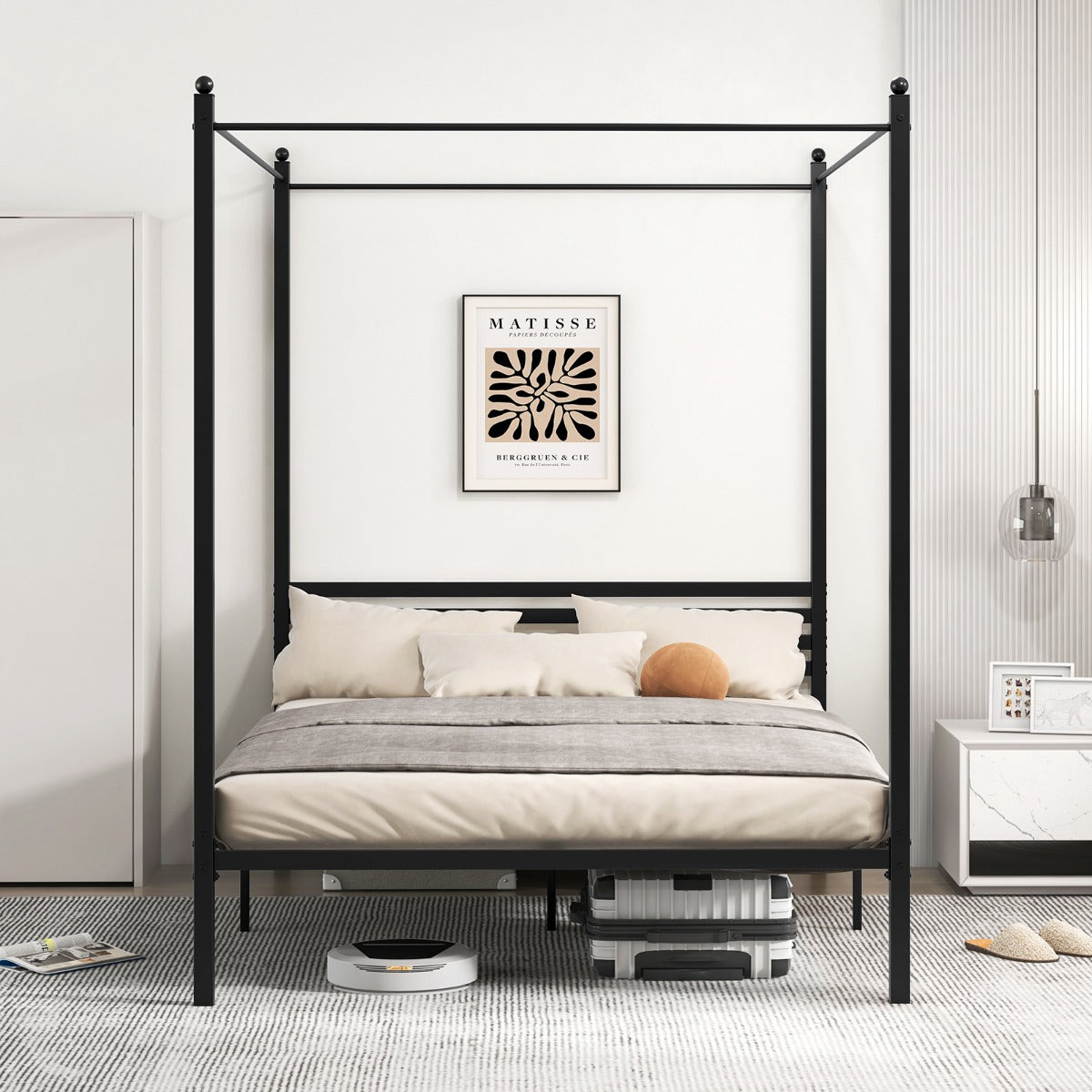 Estructura de Cama Doble Cama de Plataforma con 4 Columnas Cabecero Espacio de Almacenamiento Soporte Fuerte de Listones 200 x 140 cm Negro