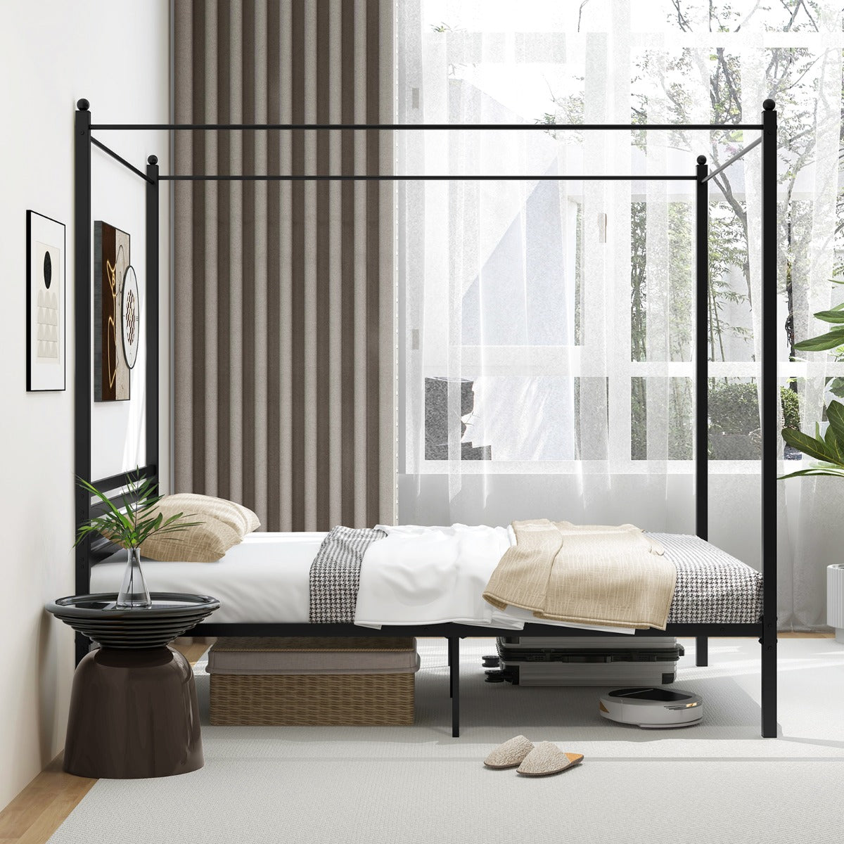 Estructura de Cama Doble Cama de Plataforma con 4 Columnas Cabecero Espacio de Almacenamiento Soporte Fuerte de Listones 200 x 140 cm Negro