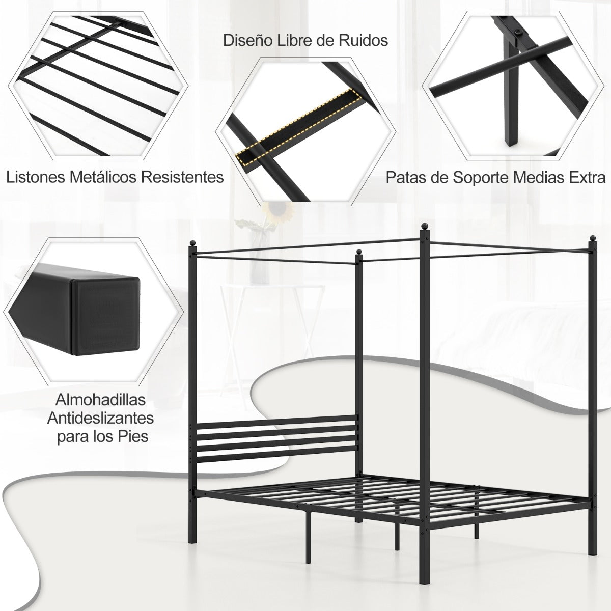 Estructura de Cama Doble Cama de Plataforma con 4 Columnas Cabecero Espacio de Almacenamiento Soporte Fuerte de Listones 200 x 140 cm Negro