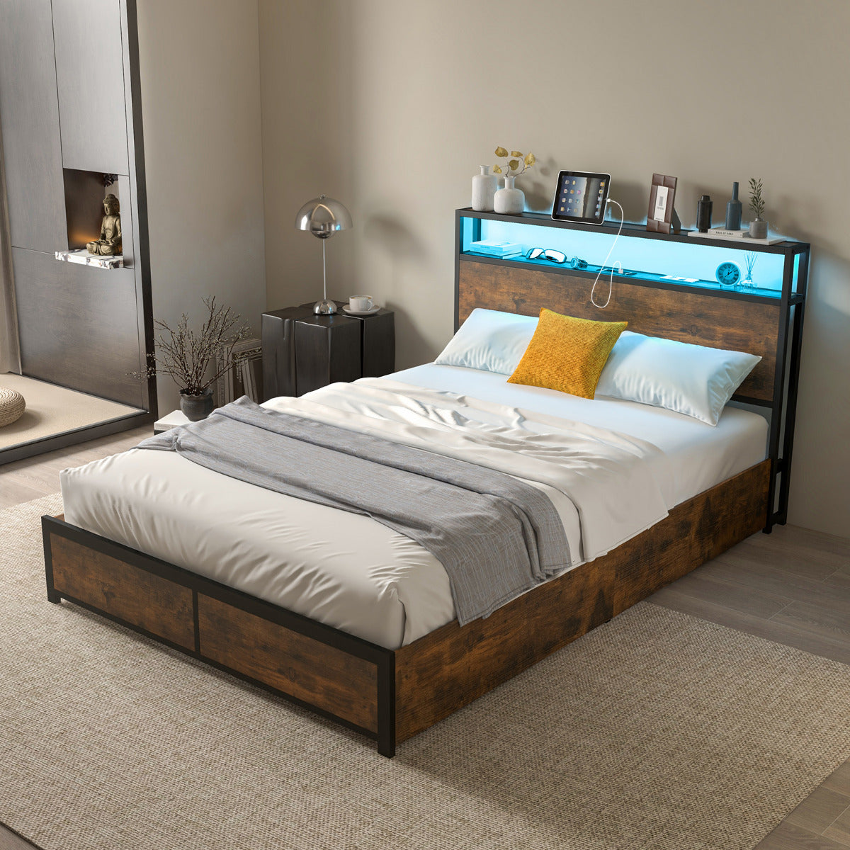 Estructura de Cama Doble 140 x 200 cm de Metal Cabecero de Luz LED RGB 4 Cajones de Almacenamiento Conexión USB Plataforma de Cama