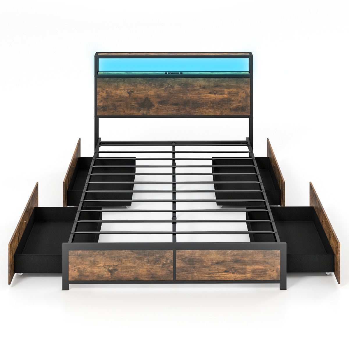 Estructura de Cama Doble 140 x 200 cm de Metal Cabecero de Luz LED RGB 4 Cajones de Almacenamiento Conexión USB Plataforma de Cama