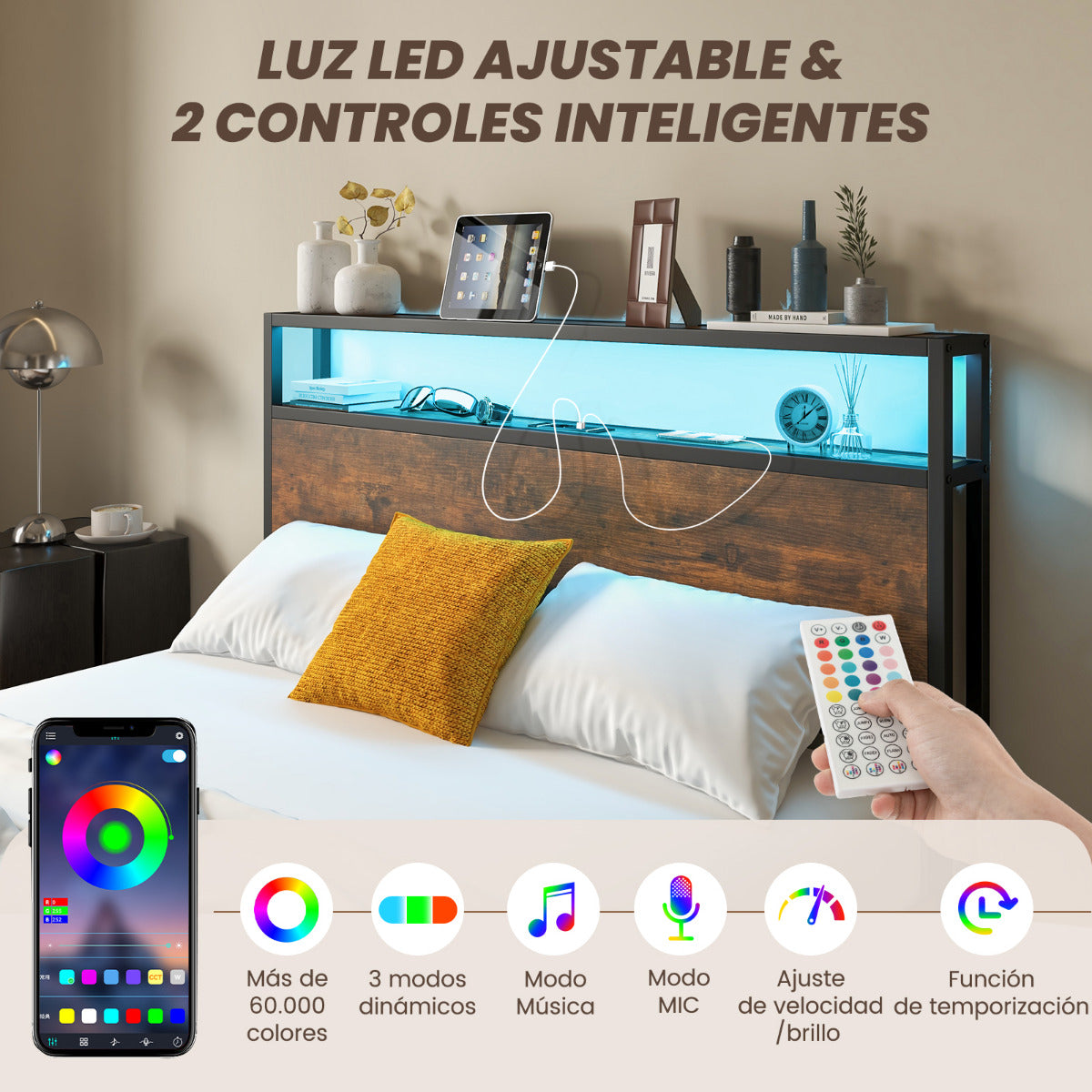 Estructura de Cama Doble 140 x 200 cm de Metal Cabecero de Luz LED RGB 4 Cajones de Almacenamiento Conexión USB Plataforma de Cama