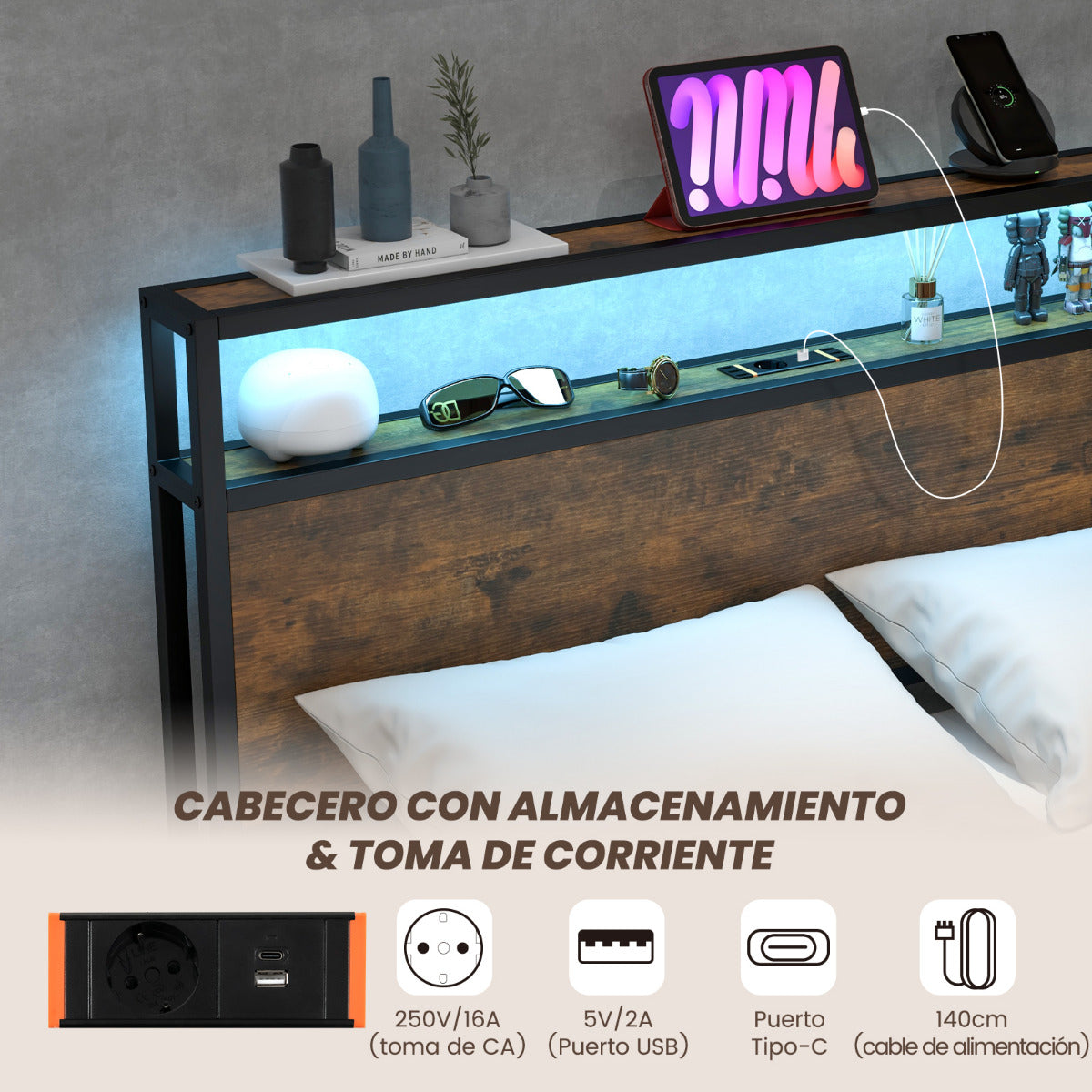 Estructura de Cama Doble 140 x 200 cm de Metal Cabecero de Luz LED RGB 4 Cajones de Almacenamiento Conexión USB Plataforma de Cama