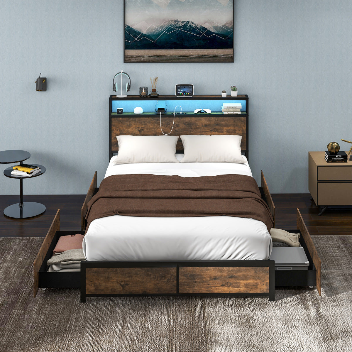 Estructura de Cama Doble 140 x 200 cm de Metal Cabecero de Luz LED RGB 4 Cajones de Almacenamiento Conexión USB Plataforma de Cama