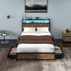 Estructura de Cama Doble 140 x 200 cm de Metal Cabecero de Luz LED RGB 4 Cajones de Almacenamiento Conexión USB Plataforma de Cama