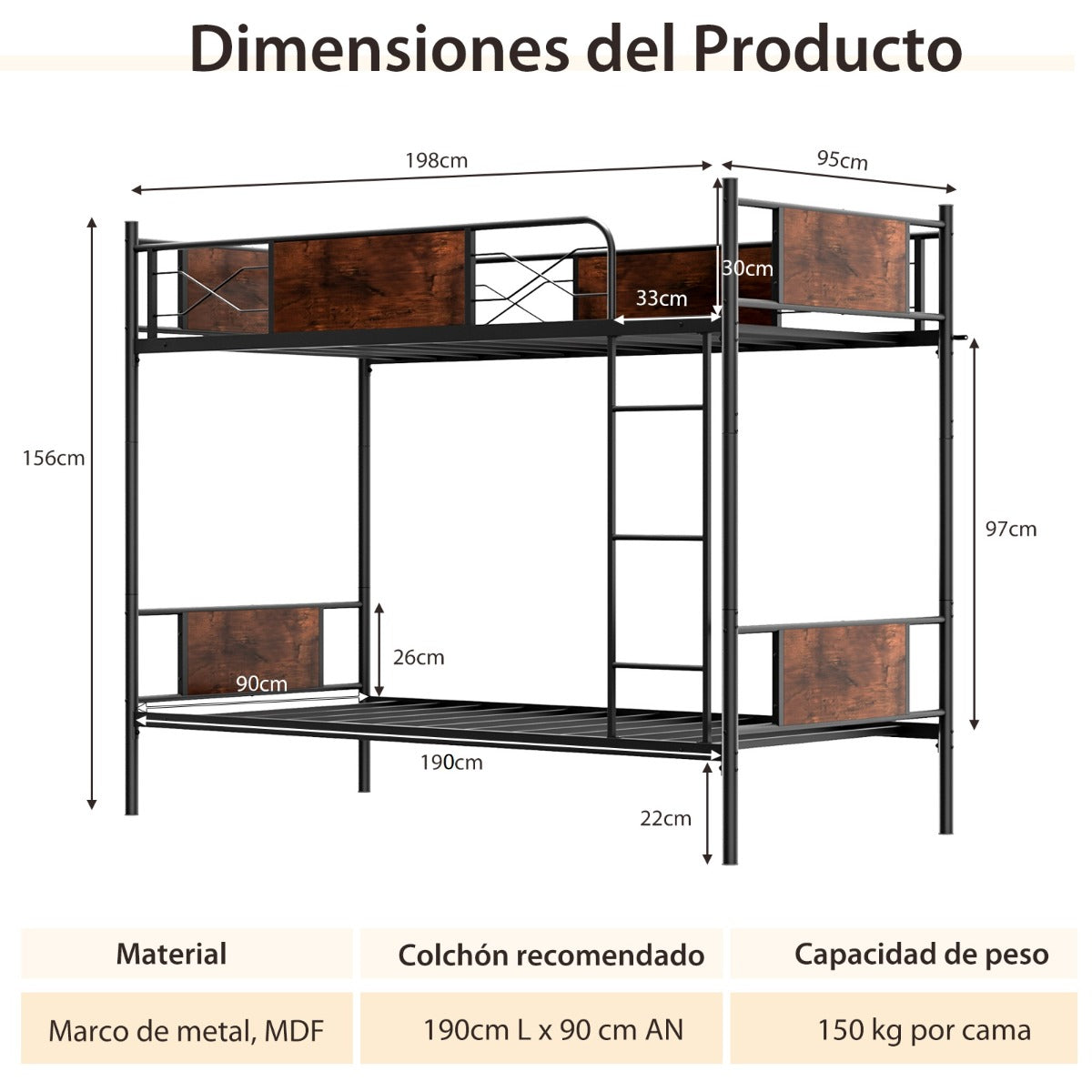 Litera de Metal Cama Convertible 2 en 1 para 2 Personas y Barandillas de Seguridad de 30 cm con Dispositivo Antivuelco 198 x 95 x 156 cm