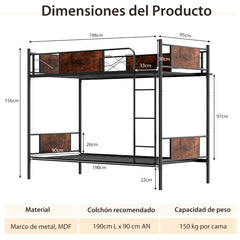 Litera de Metal Cama Convertible 2 en 1 para 2 Personas y Barandillas de Seguridad de 30 cm con Dispositivo Antivuelco 198 x 95 x 156 cm