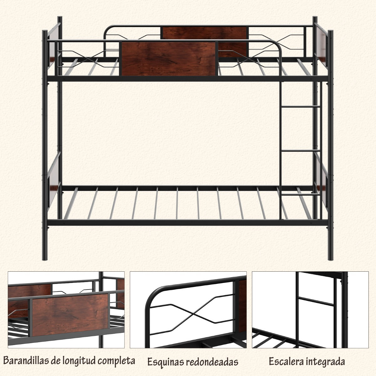 Litera de Metal Cama Convertible 2 en 1 para 2 Personas y Barandillas de Seguridad de 30 cm con Dispositivo Antivuelco 198 x 95 x 156 cm