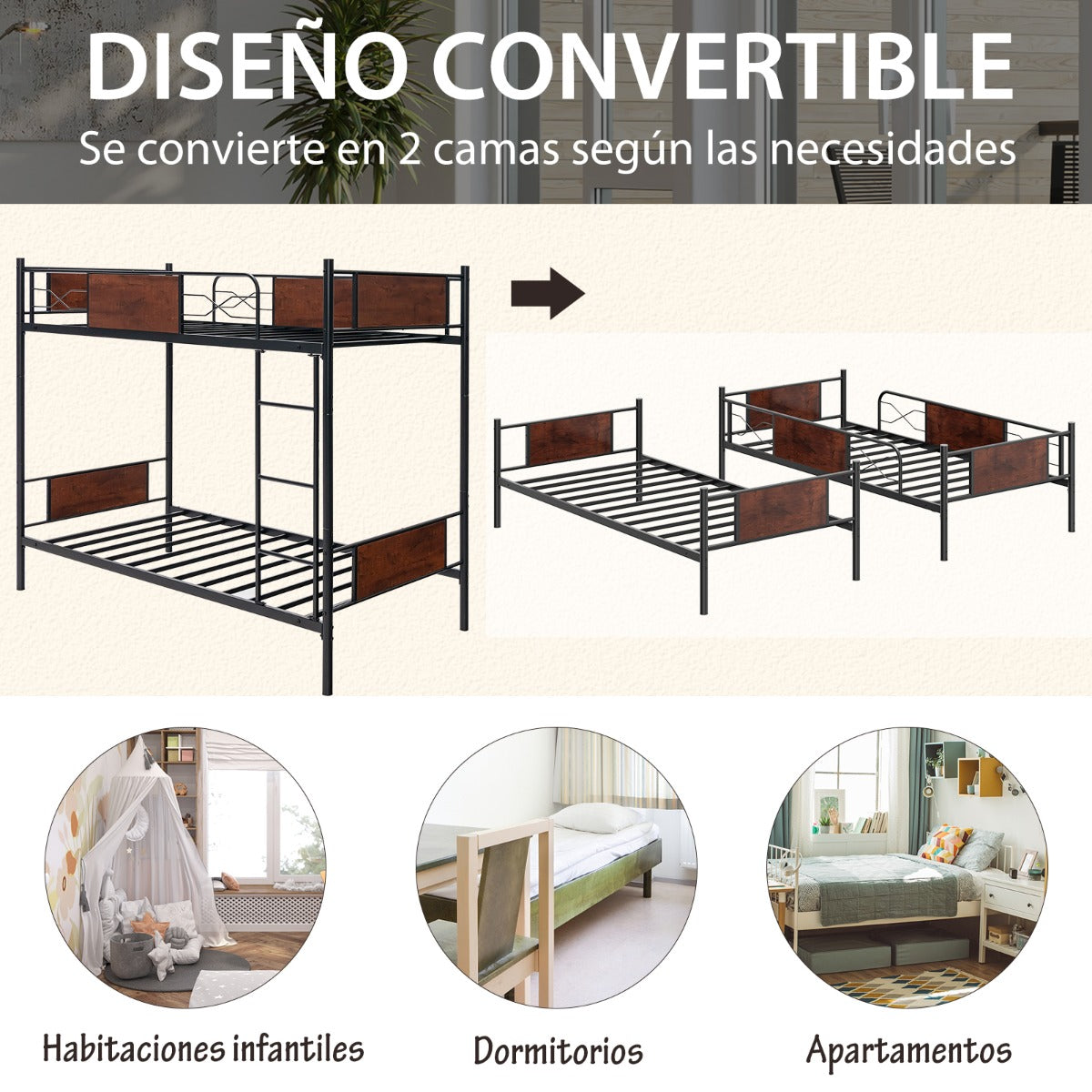 Litera de Metal Cama Convertible 2 en 1 para 2 Personas y Barandillas de Seguridad de 30 cm con Dispositivo Antivuelco 198 x 95 x 156 cm
