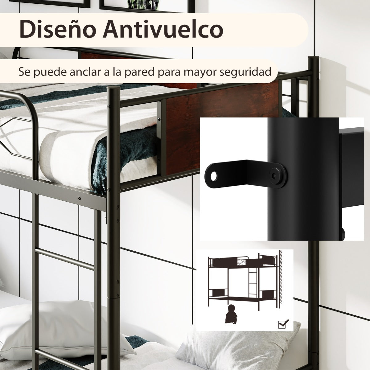 Litera de Metal Cama Convertible 2 en 1 para 2 Personas y Barandillas de Seguridad de 30 cm con Dispositivo Antivuelco 198 x 95 x 156 cm