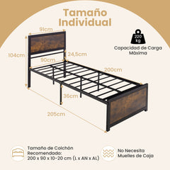 Estructura de Cama Individual Cama Plataforma con Cabecero Alto Láminas de Metal y Barras Silenciosas Montaje Fácil 205 x 91 x 104 cm