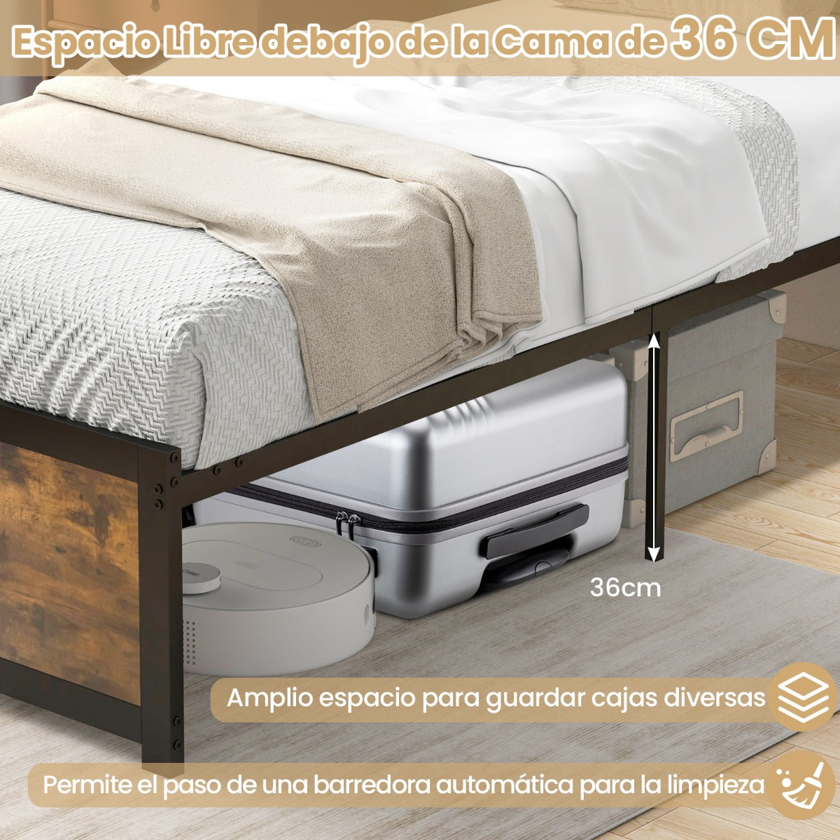Estructura de Cama Individual Cama Plataforma con Cabecero Alto Láminas de Metal y Barras Silenciosas Montaje Fácil 205 x 91 x 104 cm