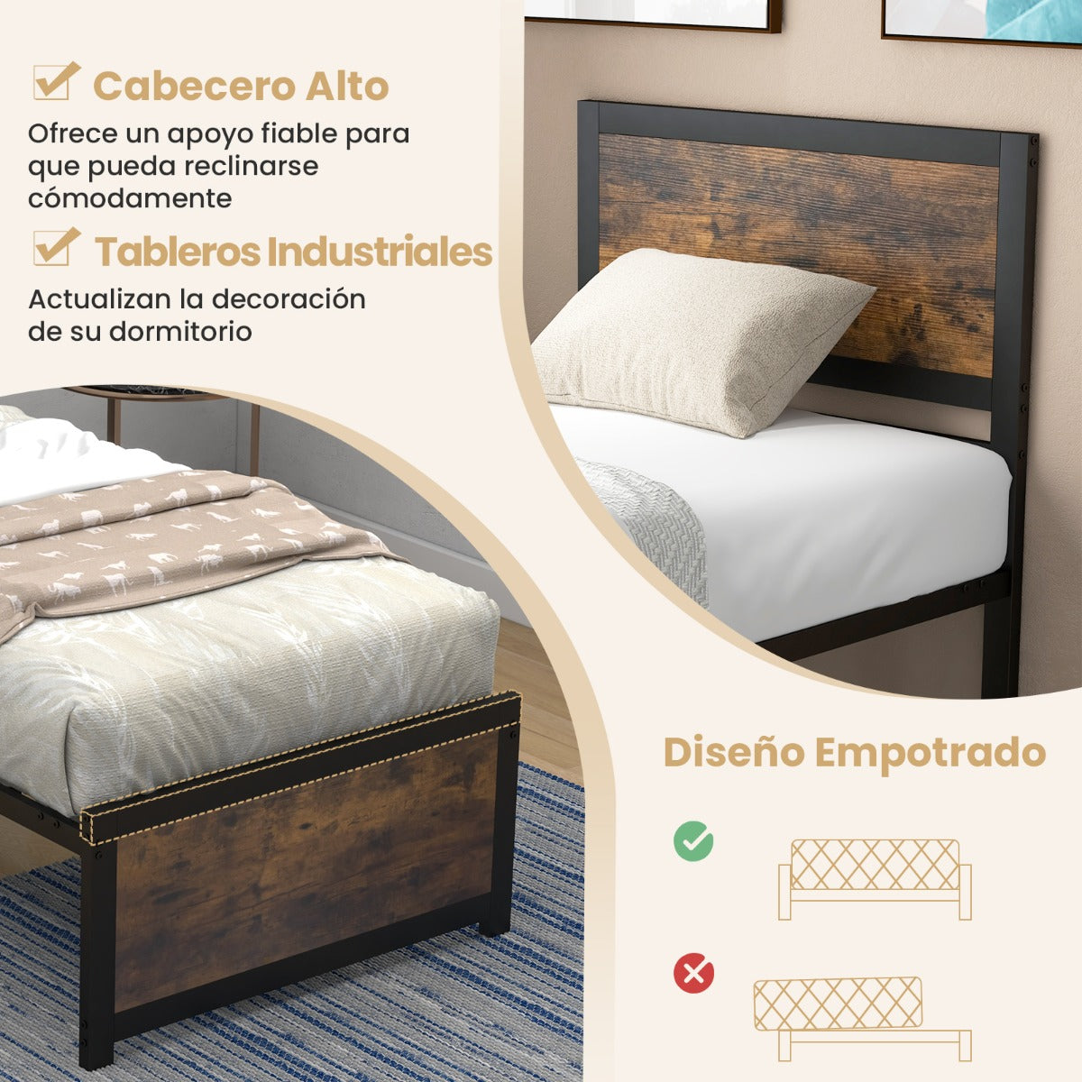 Estructura de Cama Individual Cama Plataforma con Cabecero Alto Láminas de Metal y Barras Silenciosas Montaje Fácil 205 x 91 x 104 cm