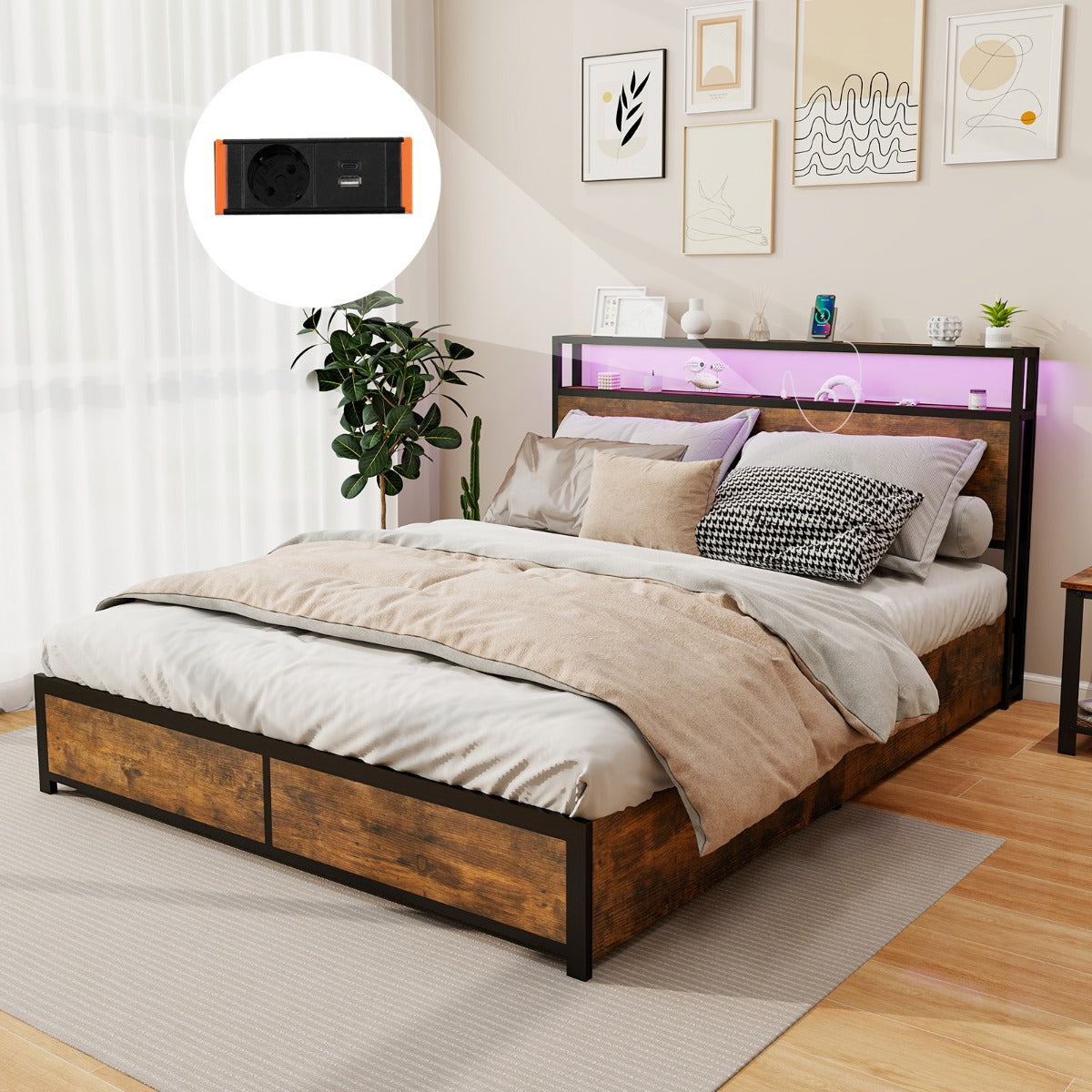 Estructura de Cama King 160 x 200 cm de Metal Cabecero de Luz LED RGB 4 Cajones de Almacenamiento Conexión USB Plataforma de Cama