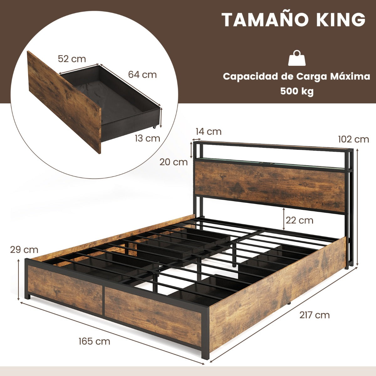 Estructura de Cama King 160 x 200 cm de Metal Cabecero de Luz LED RGB 4 Cajones de Almacenamiento Conexión USB Plataforma de Cama