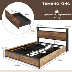 Estructura de Cama King 160 x 200 cm de Metal Cabecero de Luz LED RGB 4 Cajones de Almacenamiento Conexión USB Plataforma de Cama