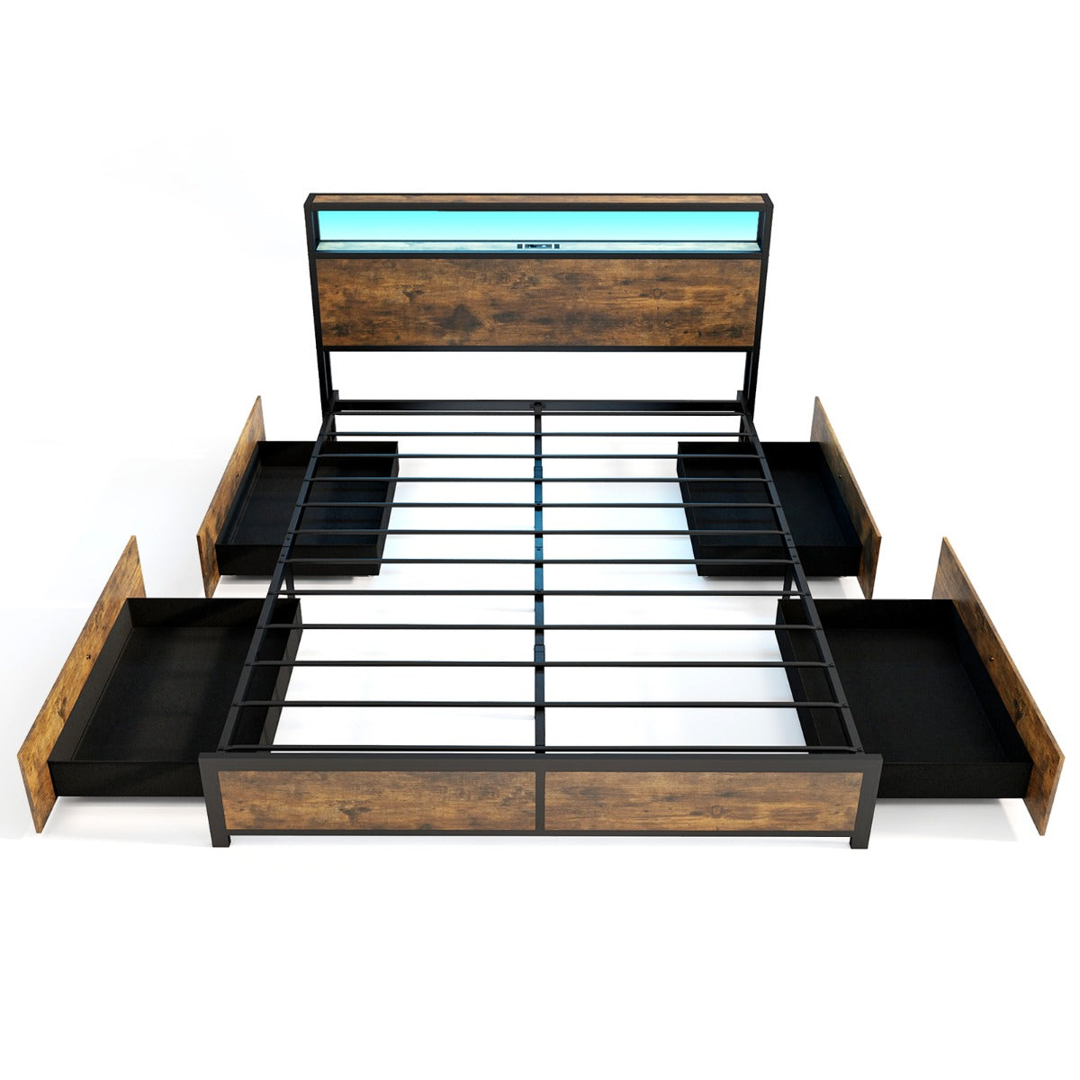 Estructura de Cama King 160 x 200 cm de Metal Cabecero de Luz LED RGB 4 Cajones de Almacenamiento Conexión USB Plataforma de Cama