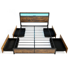 Estructura de Cama King 160 x 200 cm de Metal Cabecero de Luz LED RGB 4 Cajones de Almacenamiento Conexión USB Plataforma de Cama