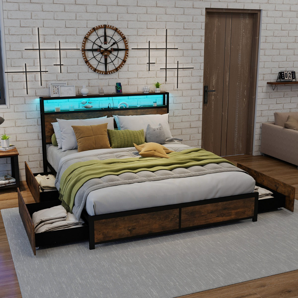 Estructura de Cama King 160 x 200 cm de Metal Cabecero de Luz LED RGB 4 Cajones de Almacenamiento Conexión USB Plataforma de Cama